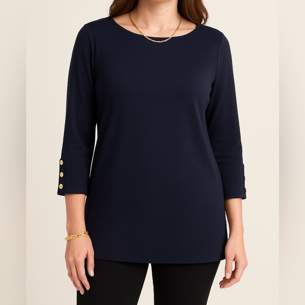 Susan Graver 3XL Ponte Knit Bateau Neck Tunic Top Navy Blue Gold Buttons Modest